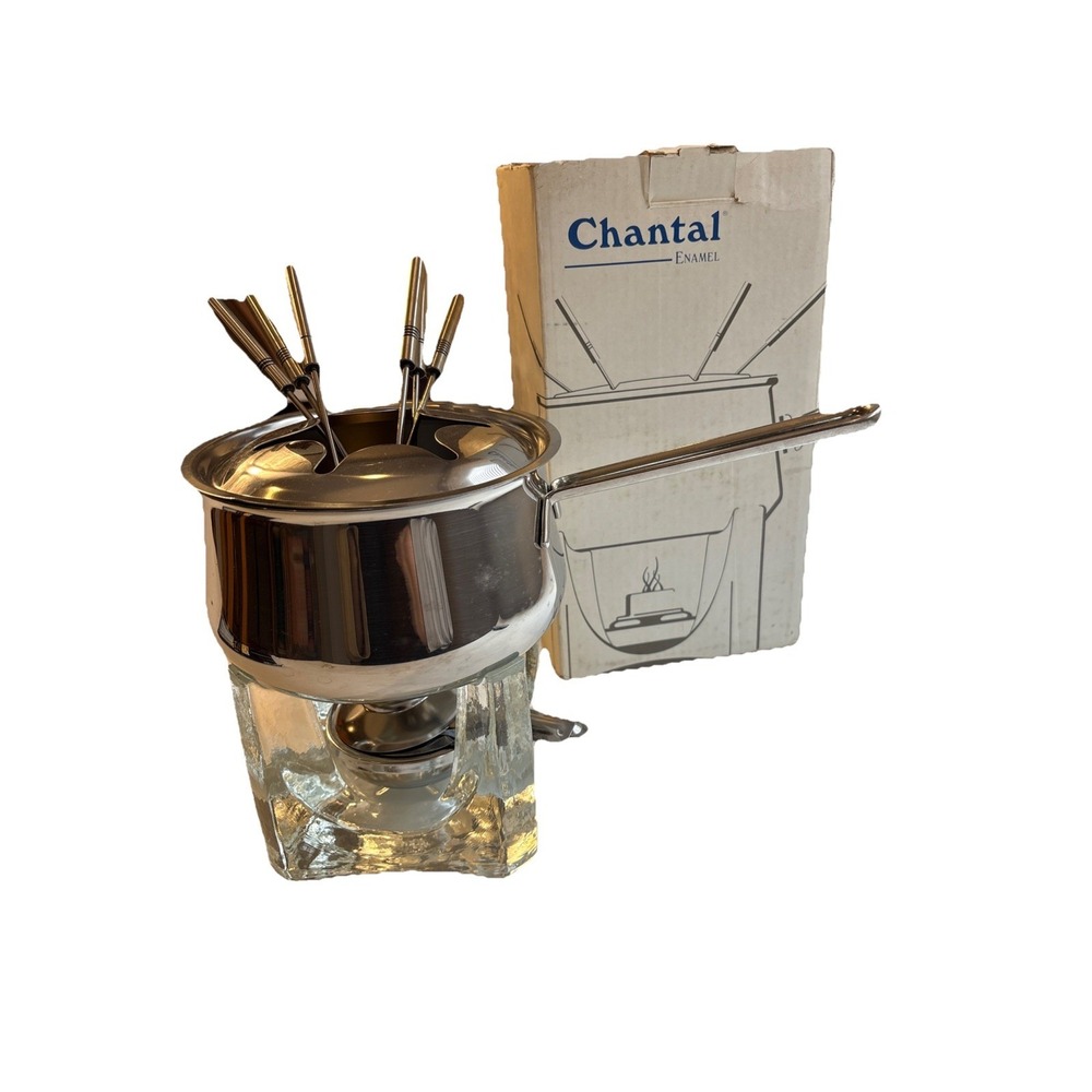 VTG Chantal Stainless Steel 2 Quart "Fire & Ice"Fondue Set Glass Base W. Germany
